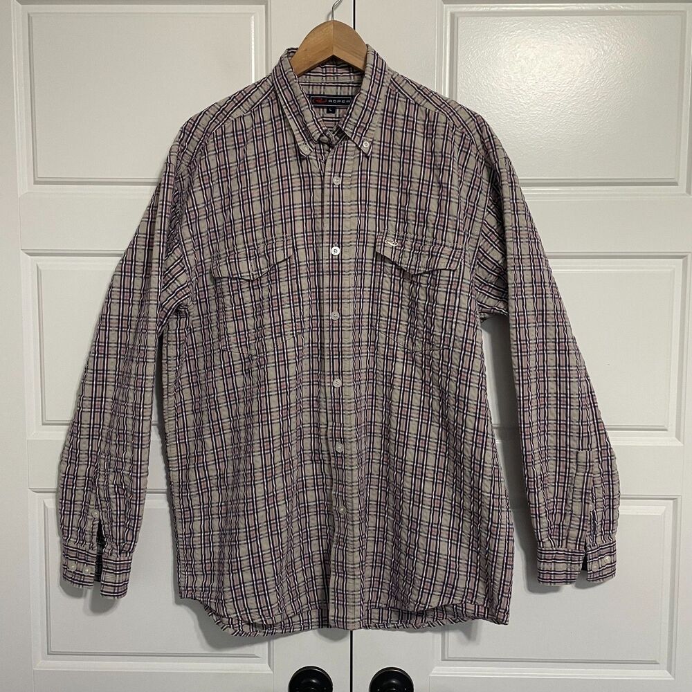 Roper Western Tan Plaid Cowboy Button‎ Down Shirt with Long Sleeves Size L